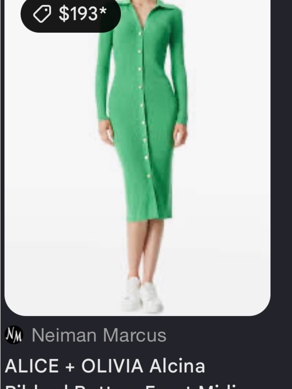 Alice + Olivia Bright Green Ribbed Button-Front Midi Dress